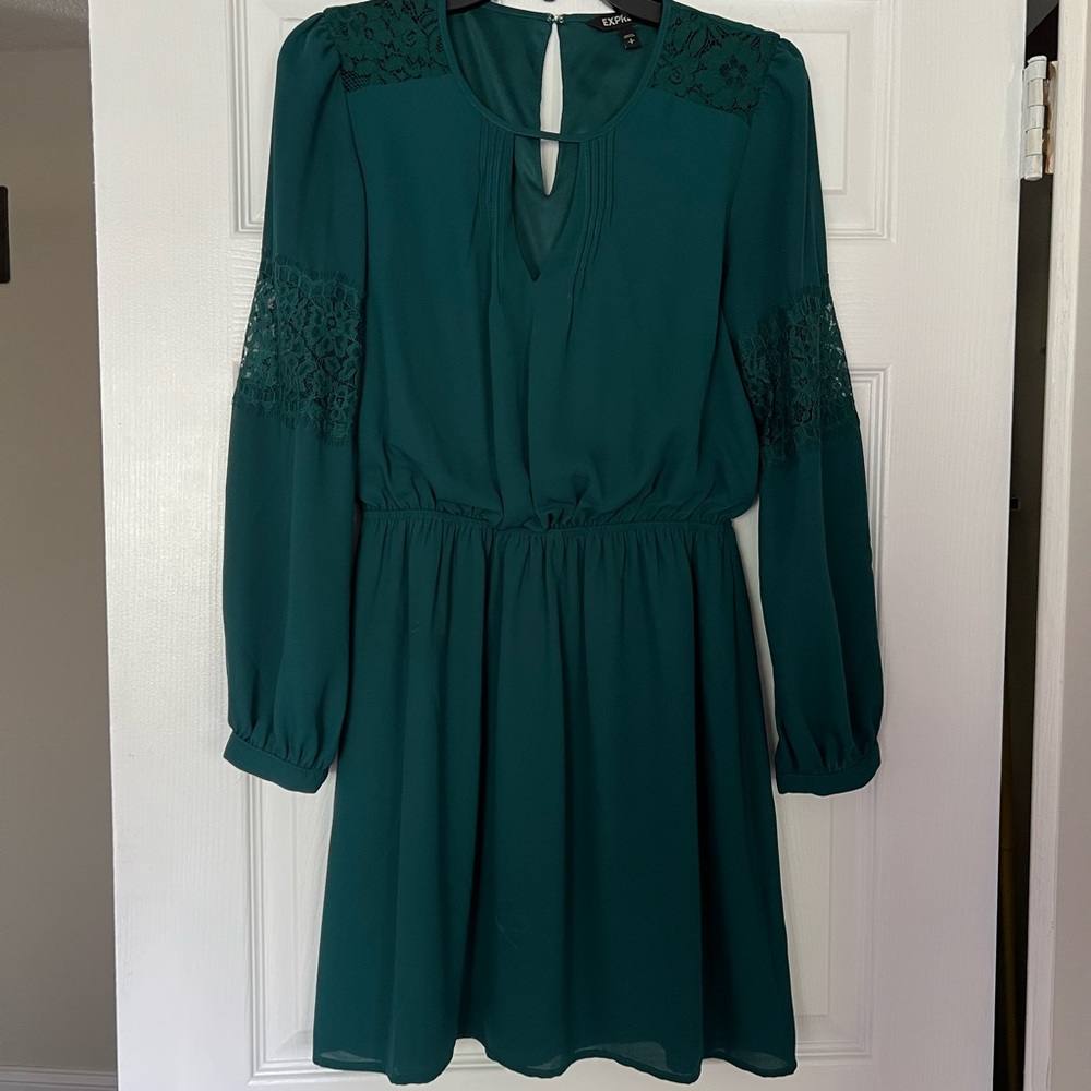 Teal, long sleeve dress with lace accents - Express Dress